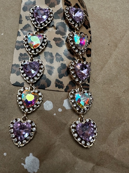 None Jewelry - Heart Drop Crystal Earrings in Purple and Iridescent